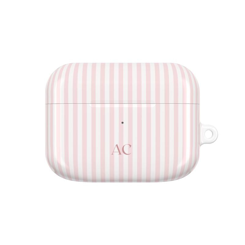 Make a Splash This Summer with Our Custom Monogrammed Pink AirPod Case - Stylish Striped Design for Coastal Adventures