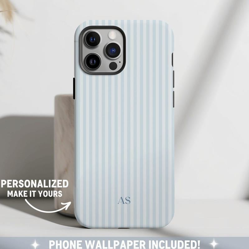 Personalized Blue Striped Phone Case - Custom Monogram Design for a Chic Summer Vibe