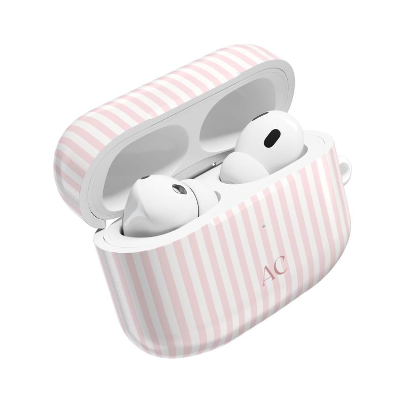 Make a Splash This Summer with Our Custom Monogrammed Pink AirPod Case - Stylish Striped Design for Coastal Adventures